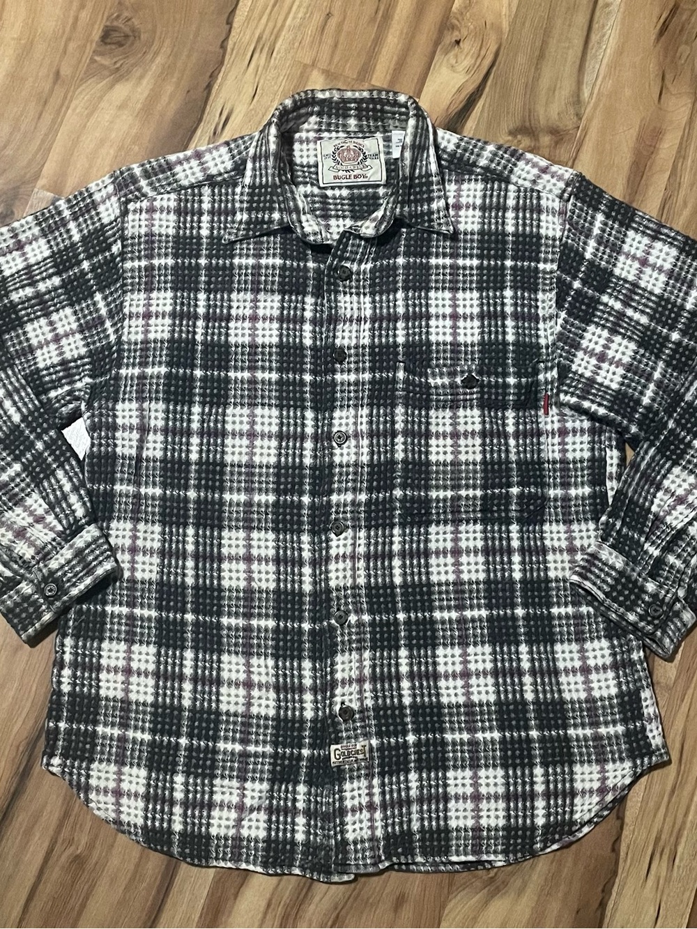 VTG 90s Bugle Boy Gold Crest Plaid Flannel Shirt Men M Gray Purple Grunge Unisex